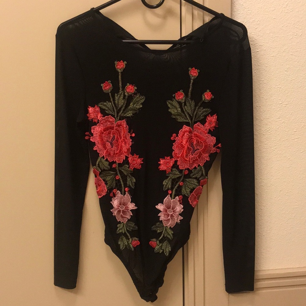 Black mesh floral bodysuit